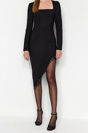 Moda Fit Mezuniyet Balo Finike Dokuma Kare Yaka Uzun Kol Bodycone Midi Boy Elbise