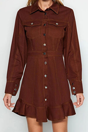 Moda Fit Gündüz Gece Gabardin Dokuma Gömlek Yaka Uzun Kol Gömlek Elbise Mini Boy Elbise