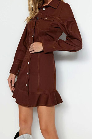 Moda Fit Gündüz Gece Gabardin Dokuma Gömlek Yaka Uzun Kol Gömlek Elbise Mini Boy Elbise