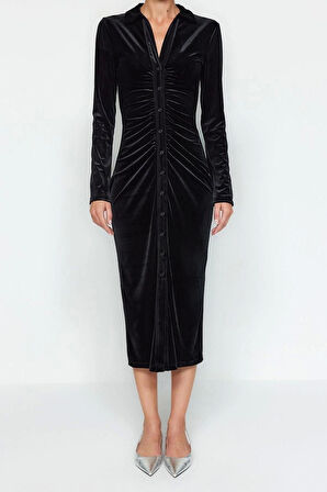 Moda Slim Casual Günlük Kadife Örme Polo Yaka Uzun Kol Bodycone Midi Boy Elbise