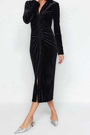 Moda Slim Casual Günlük Kadife Örme Polo Yaka Uzun Kol Bodycone Midi Boy Elbise