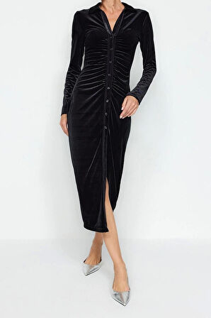 Moda Slim Casual Günlük Kadife Örme Polo Yaka Uzun Kol Bodycone Midi Boy Elbise