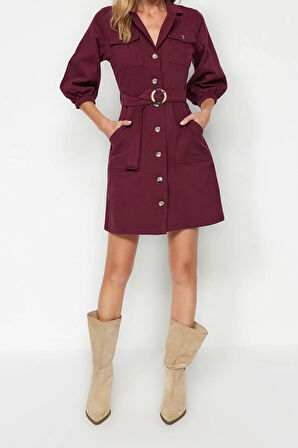 Moda Regular Casual Günlük Gabardin Dokuma Ceket Yaka Truvakar Kol Kol Gömlek Elbise Mini Boy Elbise