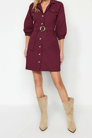 Moda Regular Casual Günlük Gabardin Dokuma Ceket Yaka Truvakar Kol Kol Gömlek Elbise Mini Boy Elbise