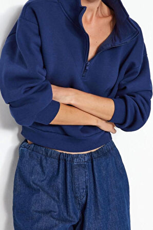 Fitted Fermuarlı Yaka Düşük Kol Crop Rahat Kesim Crop Fermuarlı Kalın Polarlı Örme Sweatshirt