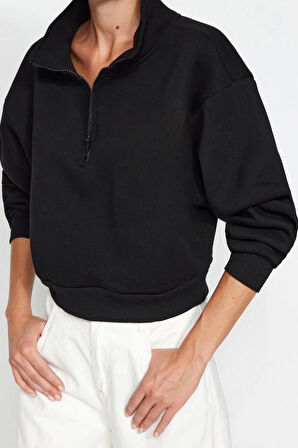Fitted Fermuarlı Yaka Düşük Kol Crop Rahat Kesim Crop Fermuarlı Kalın Polarlı Örme Sweatshirt