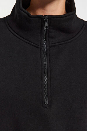 Fitted Fermuarlı Yaka Düşük Kol Crop Rahat Kesim Crop Fermuarlı Kalın Polarlı Örme Sweatshirt