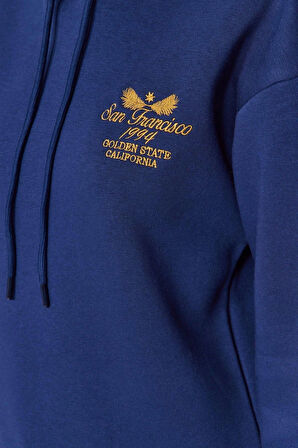 Kapüşonlu Düşük Kol Standart Normal Kalıp Nakışlı Kalın Polarlı Örme Sweatshirt