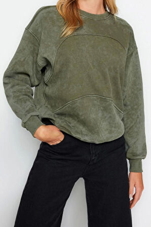 Regular Bisiklet Yaka Düşük Kol Regular Eskitme Kalın İçi Polarlı Geniş Kalıp Örme Sweatshirt
