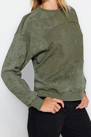 Regular Bisiklet Yaka Düşük Kol Regular Eskitme Kalın İçi Polarlı Geniş Kalıp Örme Sweatshirt