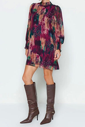 Moda Regular Gündüz Gece Şifon Dokuma Dik Yaka Uzun Kol Shift Mini Boy Elbise