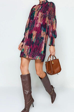 Moda Regular Gündüz Gece Şifon Dokuma Dik Yaka Uzun Kol Shift Mini Boy Elbise