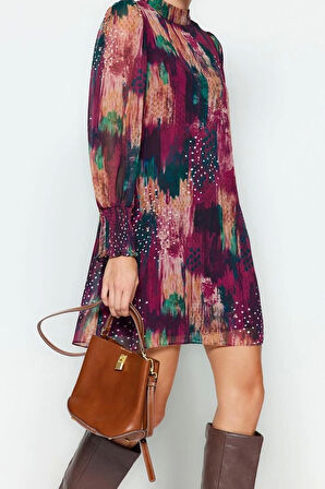 Moda Regular Gündüz Gece Şifon Dokuma Dik Yaka Uzun Kol Shift Mini Boy Elbise