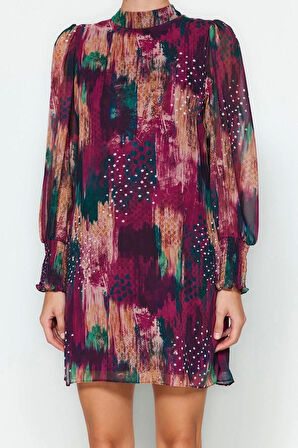 Moda Regular Gündüz Gece Şifon Dokuma Dik Yaka Uzun Kol Shift Mini Boy Elbise