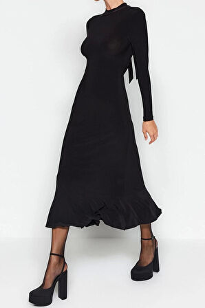 Moda Slim Gündüz Gece Kalın Sandy Örme Dik Yaka Uzun Kol Eteği Fırfırlı Maxi Boy Elbise
