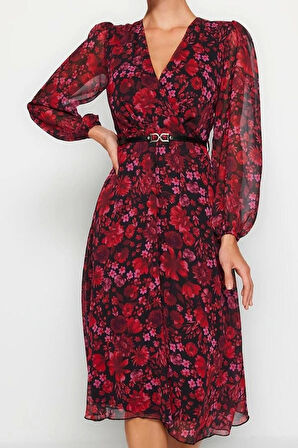 Moda Stil Regular Kruvaze Midi Boy Kemerli A Kesim Yaka Desenli Şifon Elbise Dokuma Elbise