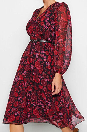 Moda Stil Regular Kruvaze Midi Boy Kemerli A Kesim Yaka Desenli Şifon Elbise Dokuma Elbise