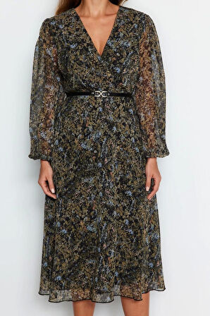 Moda Stil Regular Kruvaze Midi Boy Kemerli A Kesim Yaka Desenli Şifon Elbise Dokuma Elbise