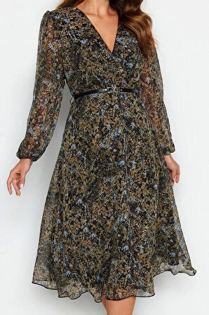 Moda Stil Regular Kruvaze Midi Boy Kemerli A Kesim Yaka Desenli Şifon Elbise Dokuma Elbise