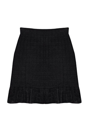 Moda Regular Ekose Desen Gündüz Gece Mini Boy Yumuşak Dokulu Fırfır Detaylı Triko Etek