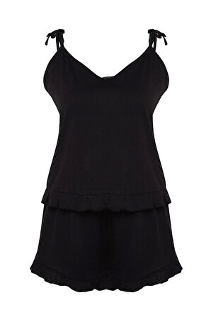 Tarz Rahat Büyük Beden Uzun Kollu Geniş Paça Fırfır Detaylı Askılı Örme Pijama Takımı