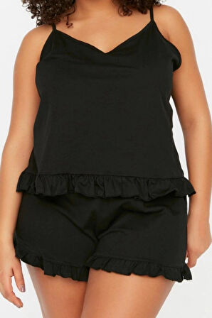 Tarz Rahat Büyük Beden Uzun Kollu Geniş Paça Fırfır Detaylı Askılı Örme Pijama Takımı