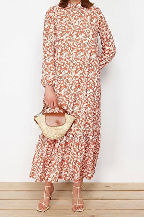 Moda Regular Casual Günlük Queen Crep Dokuma Dik Yaka Uzun Kol A-Line Maxi Boy Tesettür Elbise