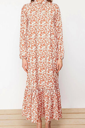 Moda Regular Casual Günlük Queen Crep Dokuma Dik Yaka Uzun Kol A-Line Maxi Boy Tesettür Elbise