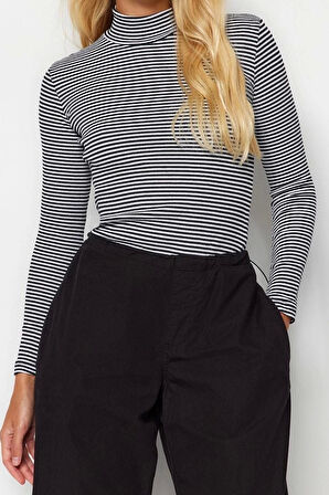 Moda Dik Yaka Örme Slim Düz Desen Casual Günlük Regular Uzun Kol Bluz