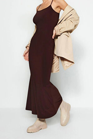 Moda Askılı Kare Yaka Maxi Elbise Mor Fitted Vücuda Oturan Askılı Maxi Esnek Örme Kalem Elbise