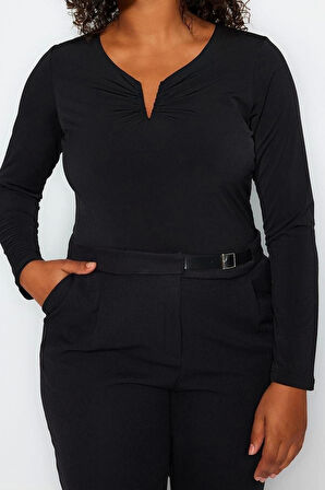 Moda Büyük Beden V Yaka Örme Fit Düz Desen Casual Günlük Regular Uzun Kol Bluz