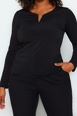 Moda Büyük Beden V Yaka Örme Fit Düz Desen Casual Günlük Regular Uzun Kol Bluz