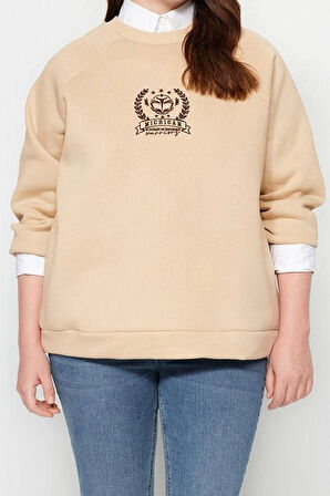 Büyük Beden Oversize Bisiklet Yaka Reglan Kol Kalın İçi Polarlı Nakış Detaylı Örme Sweatshirt