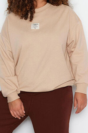 Büyük Beden Tarz Oversize Bisiklet Yaka Düşük Kol Regular Nakış Detaylı Kalın Örme Sweatshirt