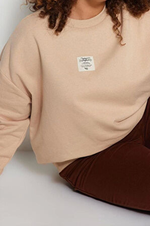 Büyük Beden Tarz Oversize Bisiklet Yaka Düşük Kol Regular Nakış Detaylı Kalın Örme Sweatshirt
