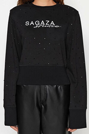 Tarz Regular Bisiklet Yaka Standart Kol Regular Parlak Taş Baskılı Sweatshirt