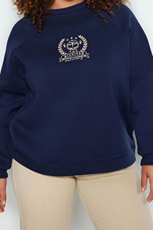 Büyük Beden Oversize Bisiklet Yaka Reglan Kol Kalın İçi Polarlı Nakış Detaylı Örme Sweatshirt