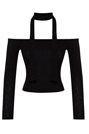 Stil Kadın Fitilli Şal Detaylı Fitted Vücuda Oturan Esnek Bluz Crop Örme Slim Kalıp