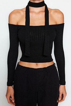 Stil Kadın Fitilli Şal Detaylı Fitted Vücuda Oturan Esnek Bluz Crop Örme Slim Kalıp
