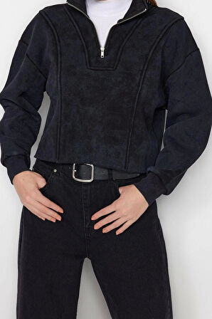 Crop Fermuarlı Yaka Düşük Kol Crop Eskitme Kalın İçi Polarlı Rahat Kesim Crop Örme Sweatshirt