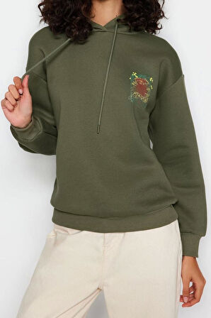 Kapüşonlu Düşük Kol Uzun Kalın İçi Polarlı Ön ve Arka Baskılı Geniş Kalıp Örme Sweatshirt