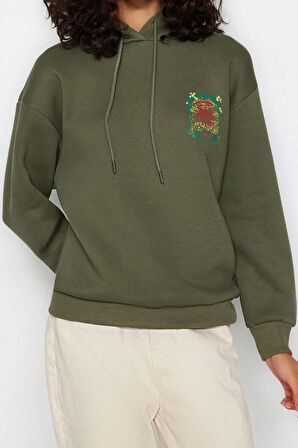 Kapüşonlu Düşük Kol Uzun Kalın İçi Polarlı Ön ve Arka Baskılı Geniş Kalıp Örme Sweatshirt