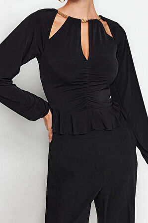 Stil Kadın Pencere Cut Out Detaylı Aksesuarlı Bluz Regular Örme Fitted Kalıp