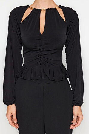 Stil Kadın Pencere Cut Out Detaylı Aksesuarlı Bluz Regular Örme Fitted Kalıp