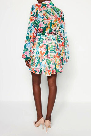 Moda Regular Casual Günlük Şifon Dokuma V Yaka Uzun Kol Skater Mini Boy Elbise