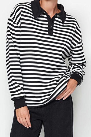 Tarz Oversize Polo Yaka Düşük Kol Regular Çizgili Polo Yaka Kalın İçi Polarlı Örme Sweatshirt
