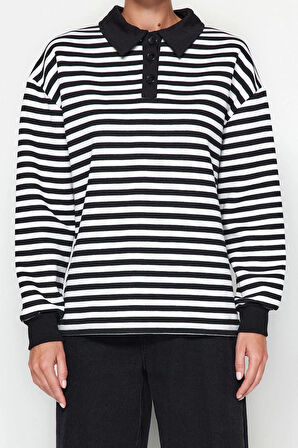 Tarz Oversize Polo Yaka Düşük Kol Regular Çizgili Polo Yaka Kalın İçi Polarlı Örme Sweatshirt