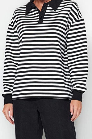 Tarz Oversize Polo Yaka Düşük Kol Regular Çizgili Polo Yaka Kalın İçi Polarlı Örme Sweatshirt