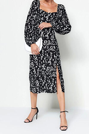 Moda Regular Casual Günlük Shally Dokuma Kalp Yaka Uzun Kol A-Line Midi Boy Elbise