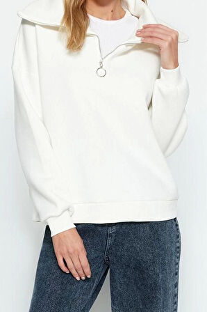 Regular Fermuarlı Yaka Standart Kol Regular Fermuarlı Kalın İçi Polarlı Fit Örme Sweatshirt